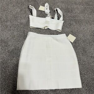 white herve ledger bandage skirt and top